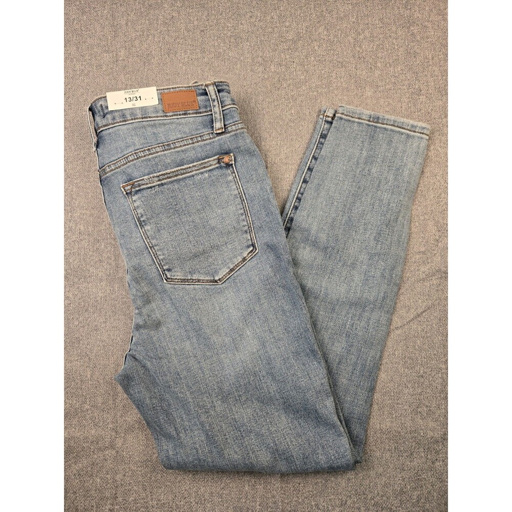Judy Blue High Waist Control Top Skinny Jeans Medium Blue Distressed Size 13/31